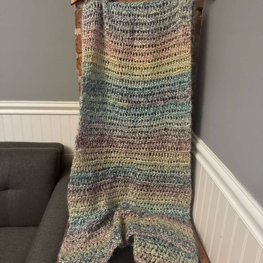 Oversized Handmade Crochet Scarf Wrap Pastel Rainbow Cottagecore